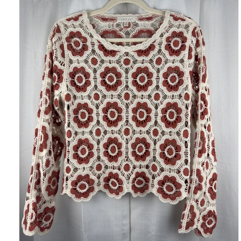 Adiva Crochet Knit Floral Sweater Rust Orange Cream Boho Long Sleeve Top Small